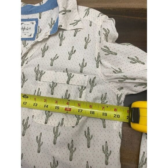 Style & Co. Cactus Print Button Down Shirt Long Sleeve V Neck Earthy Size M - Picture 6 of 8